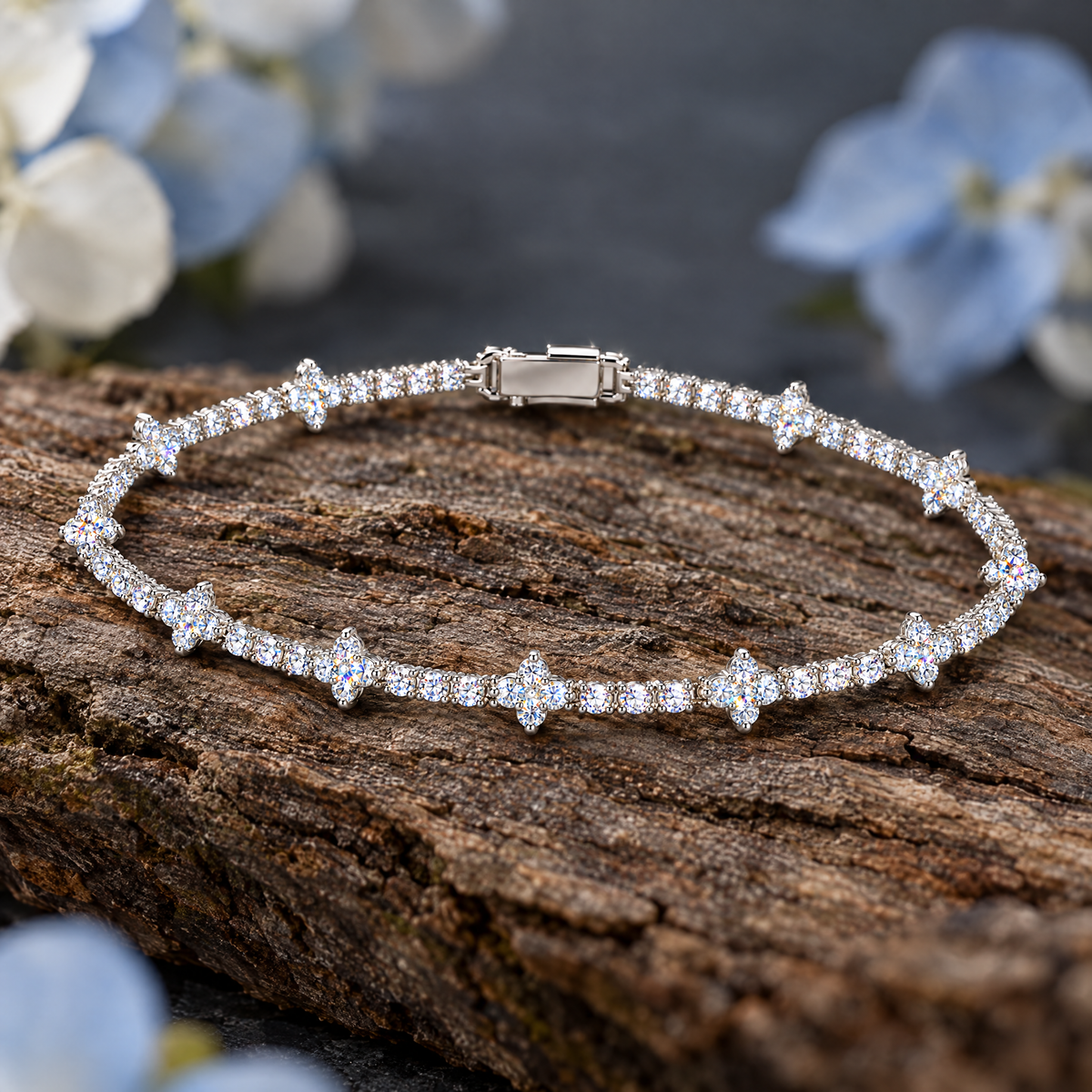 Mini Cross Tennis Bracelet on weathered bark