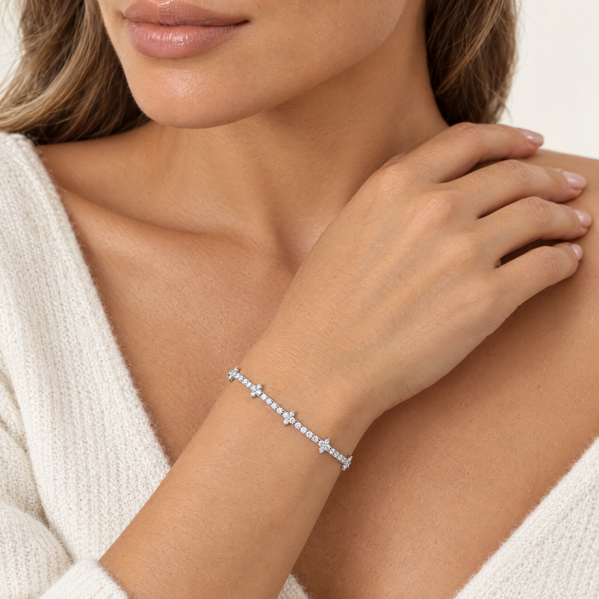 Mini Cross Tennis Bracelet in sterling silver, worn