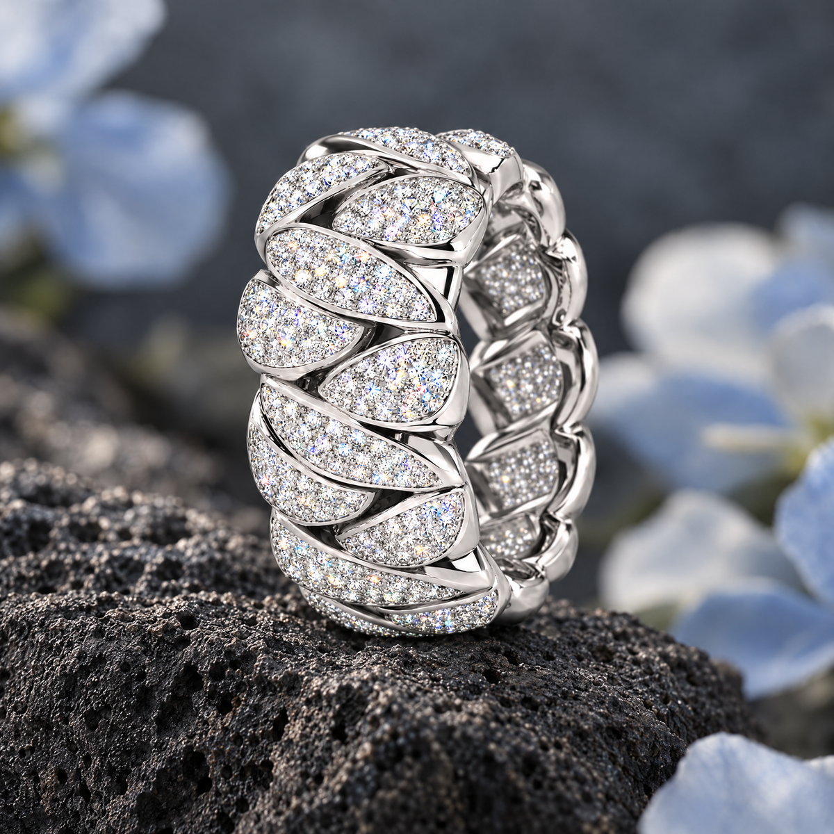Cuban Link Ring on dark volcanic rock
