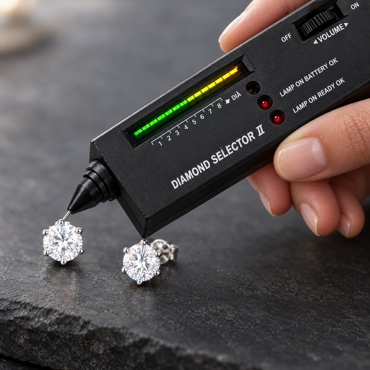 Diamond Tester Pen testing a moissanite stud