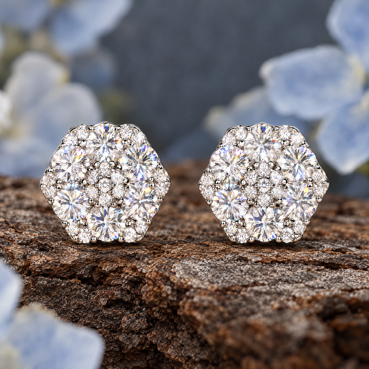 Flower Cluster Stud Earrings on weathered bark