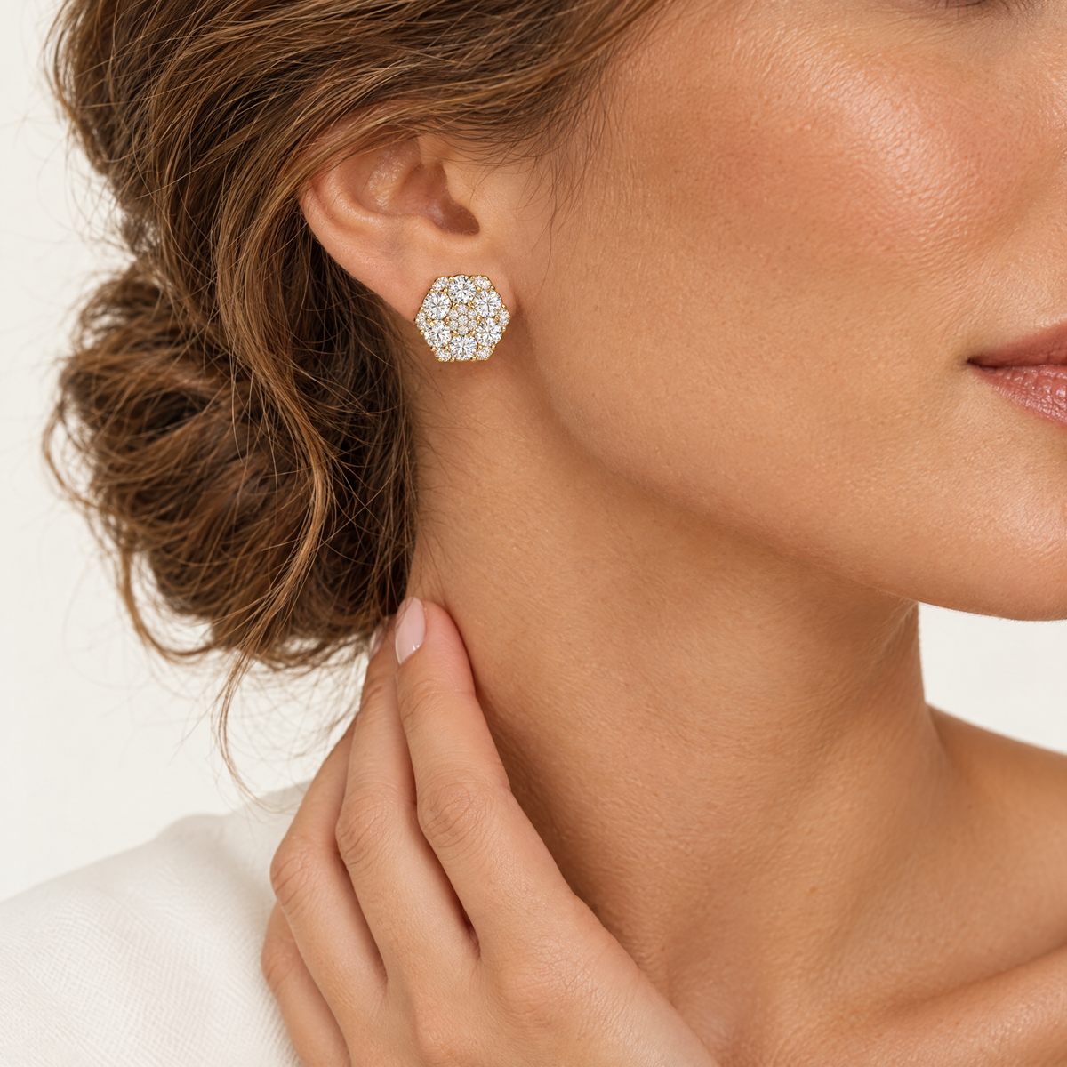 Flower Cluster Stud Earring in 18K gold plating, worn