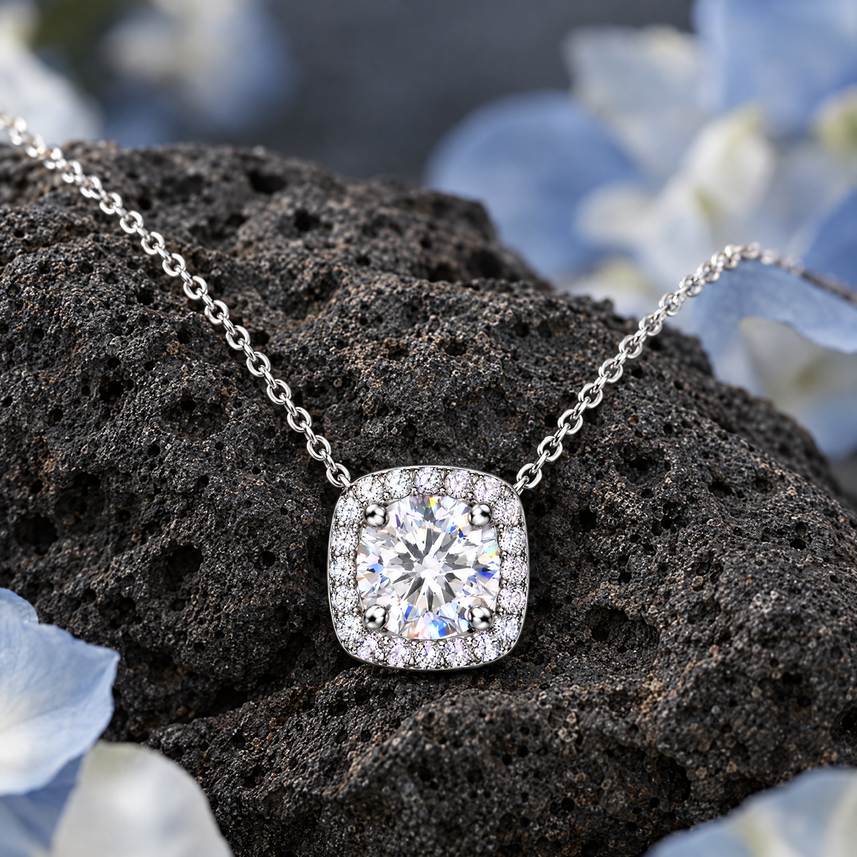 Halo Pendant Necklace resting on dark volcanic rock
