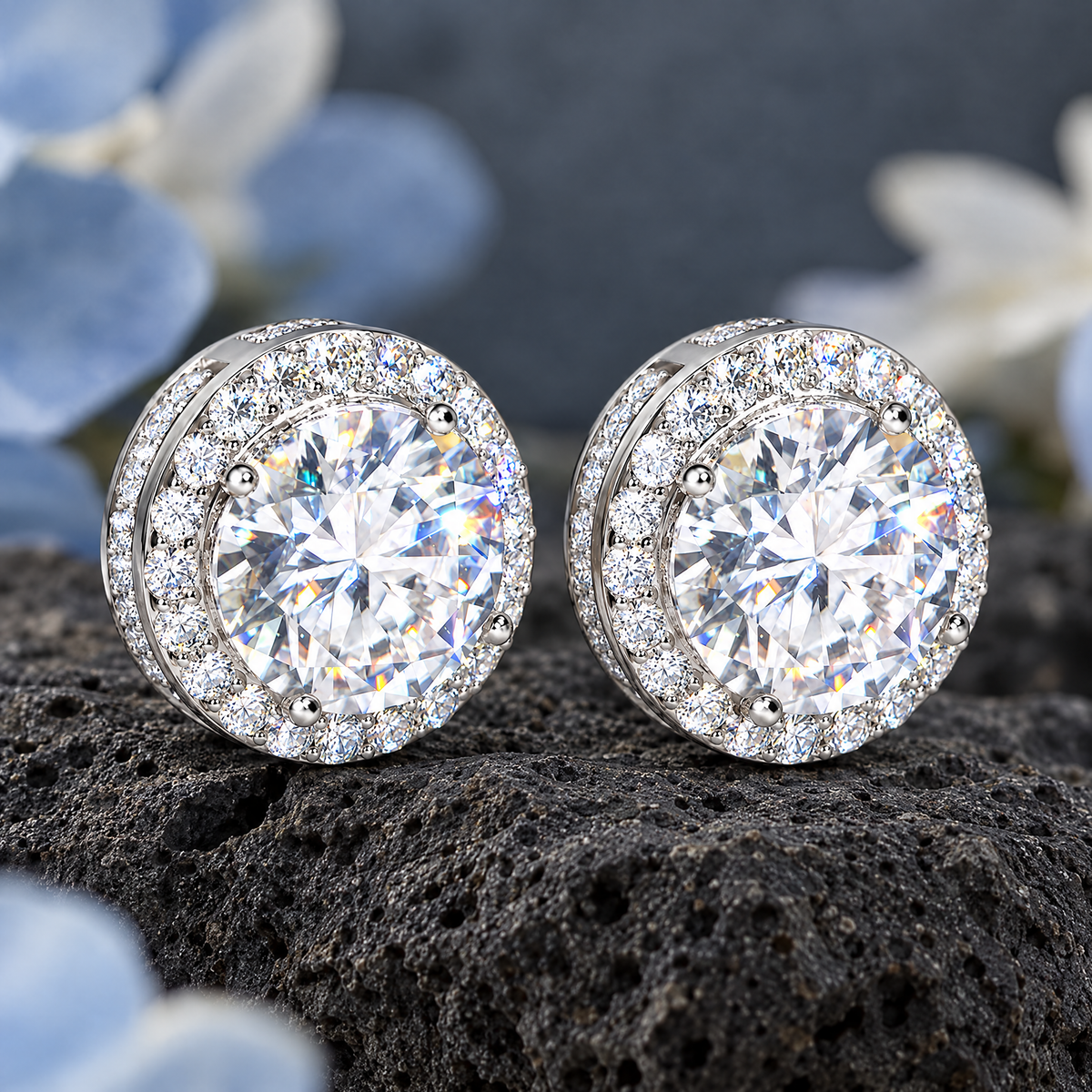 Halo Stud Earrings on dark volcanic rock