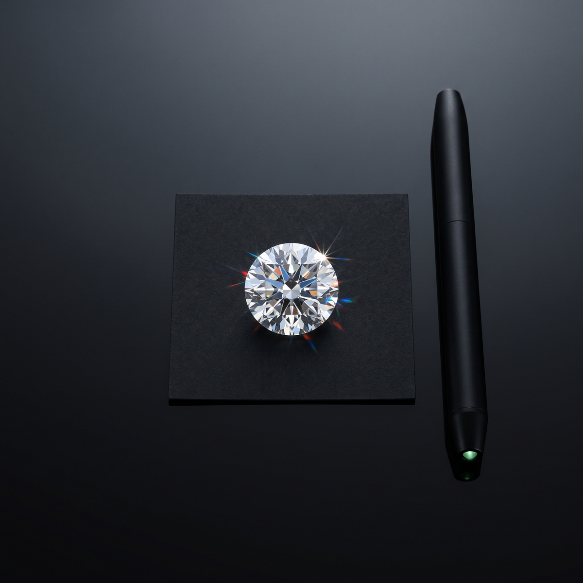 Loose moissanite on a grading card beside a diamond tester pen