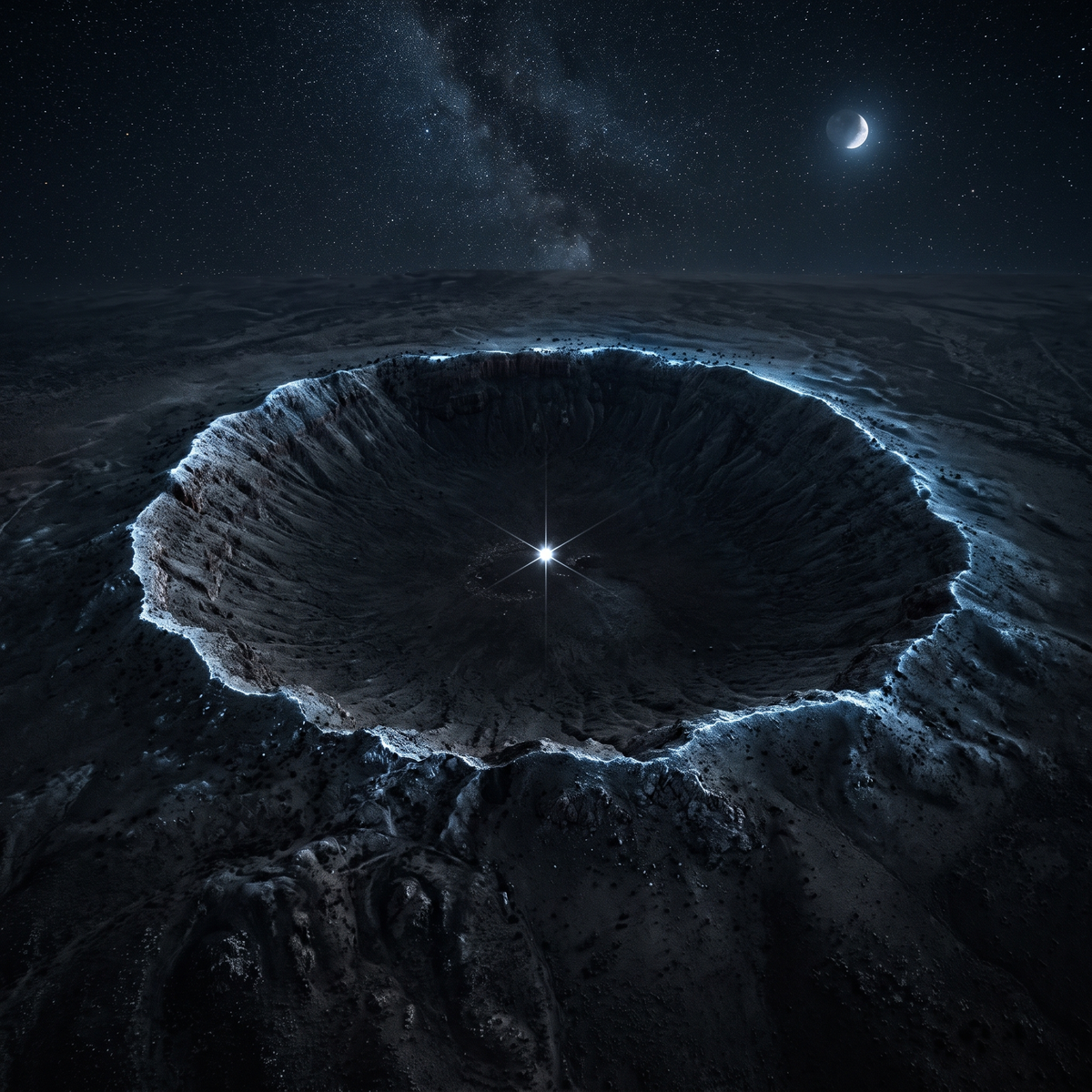 Meteor crater at night with a single point of light at its center