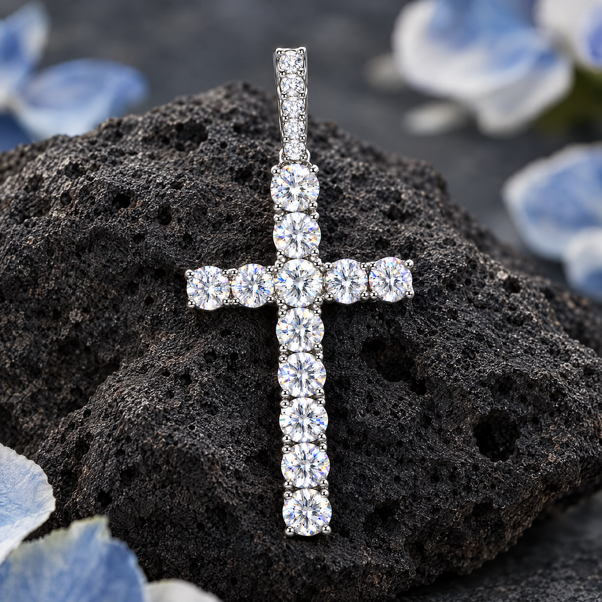 Iced Cross Pendant on dark volcanic rock