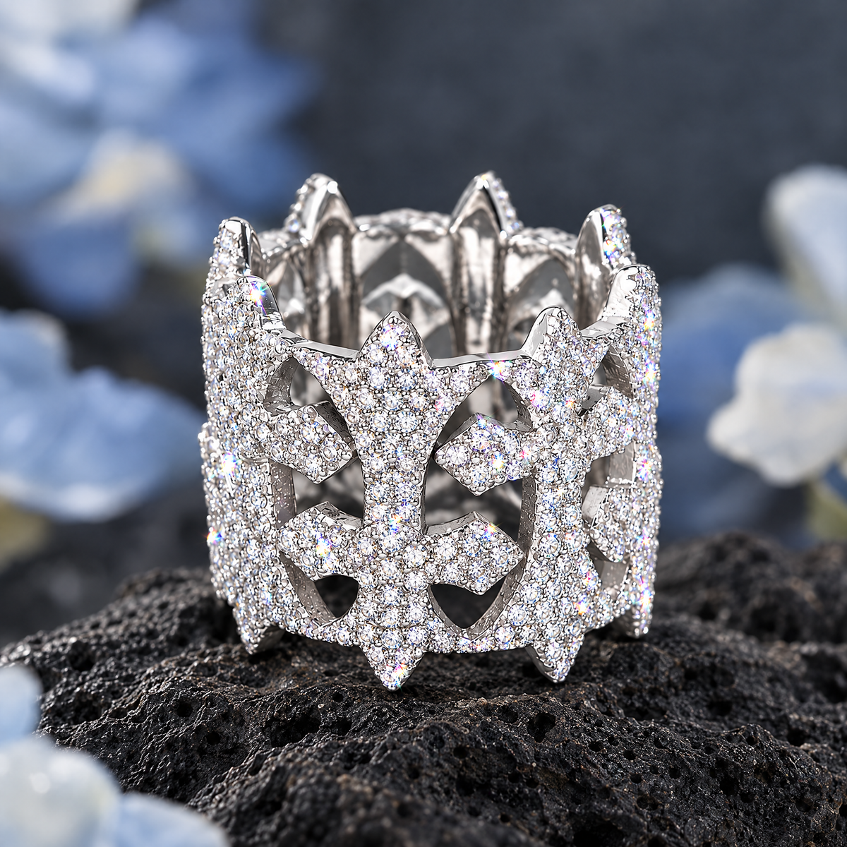 Iced Cross Ring on dark volcanic rock