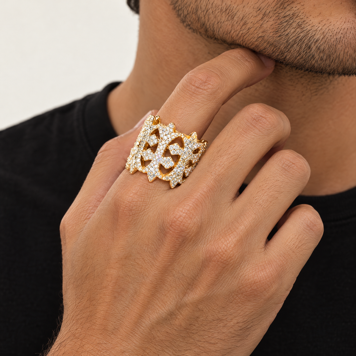 Iced Cross Ring in 18K gold plating, worn