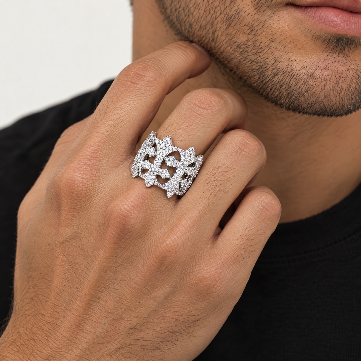 Iced Cross Ring in sterling silver, worn