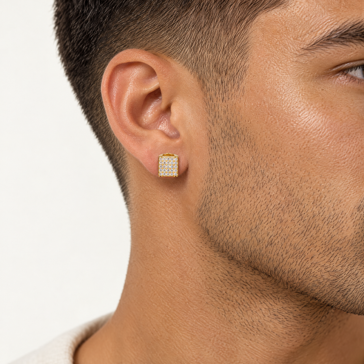 Iced Square Stud Earring in 18K gold plating, worn