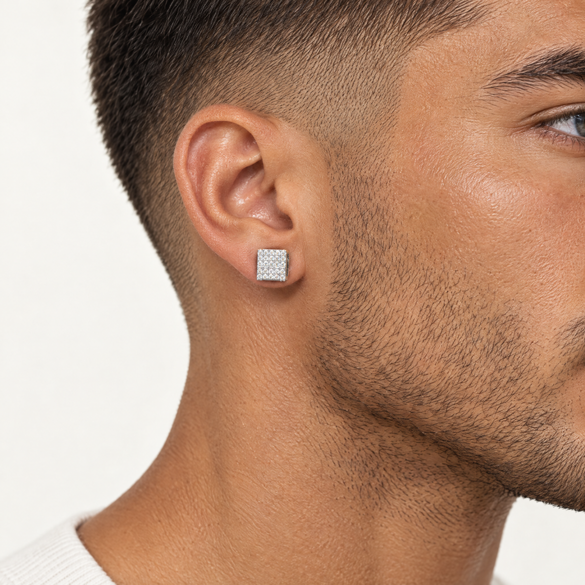 Iced Square Stud Earring in sterling silver, worn