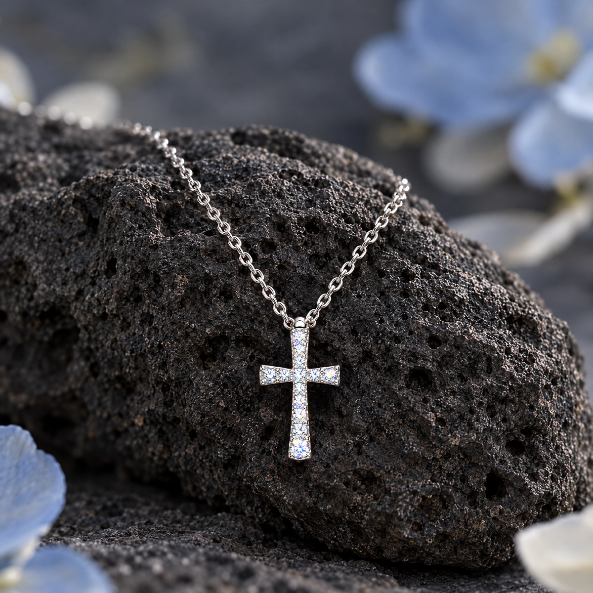 Slim Cross Necklace on dark volcanic rock