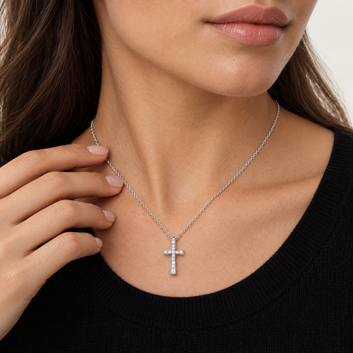 Slim Cross Necklace in sterling silver, worn