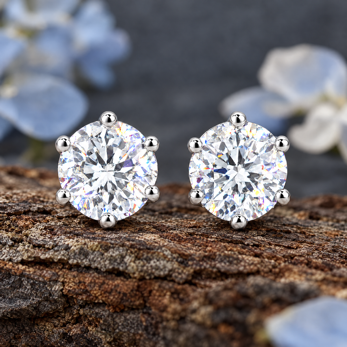 Solitaire Stud Earrings on weathered bark