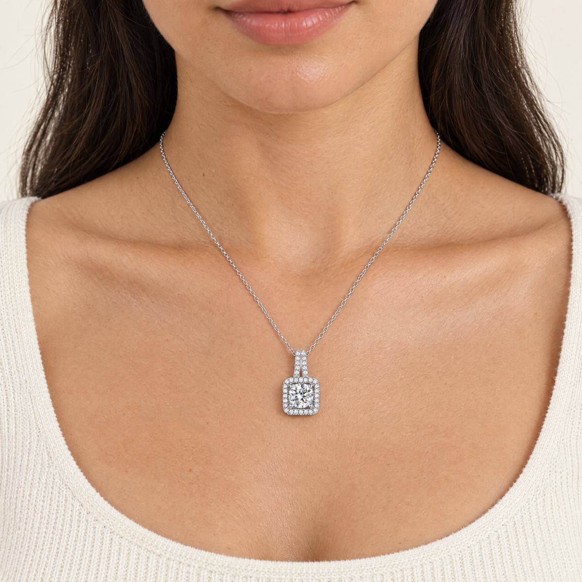 Square Halo Pendant Necklace, worn