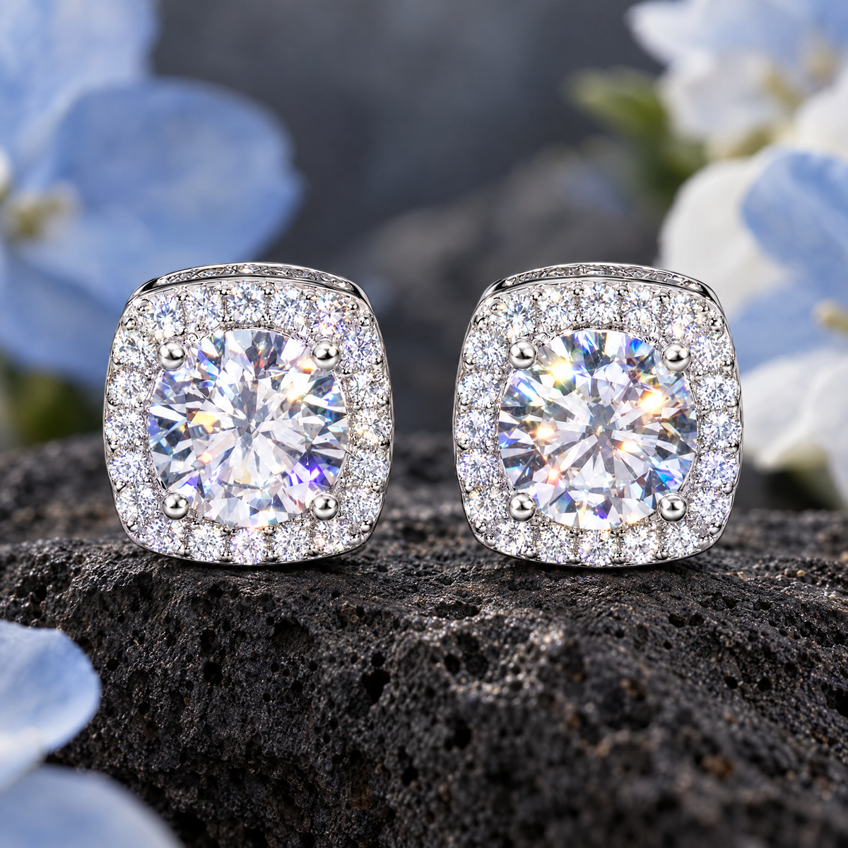 Square Halo Stud Earrings on dark volcanic rock