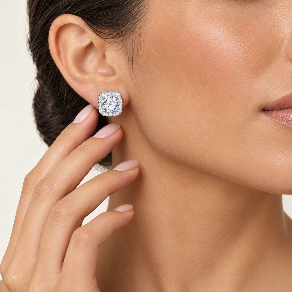 Square Halo Stud Earring in sterling silver, worn
