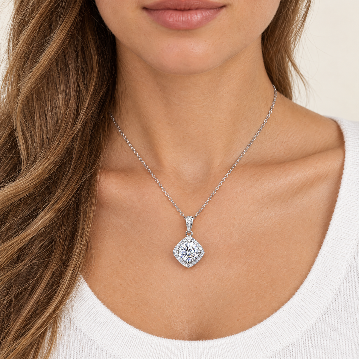 Tilted Halo Pendant Necklace, worn
